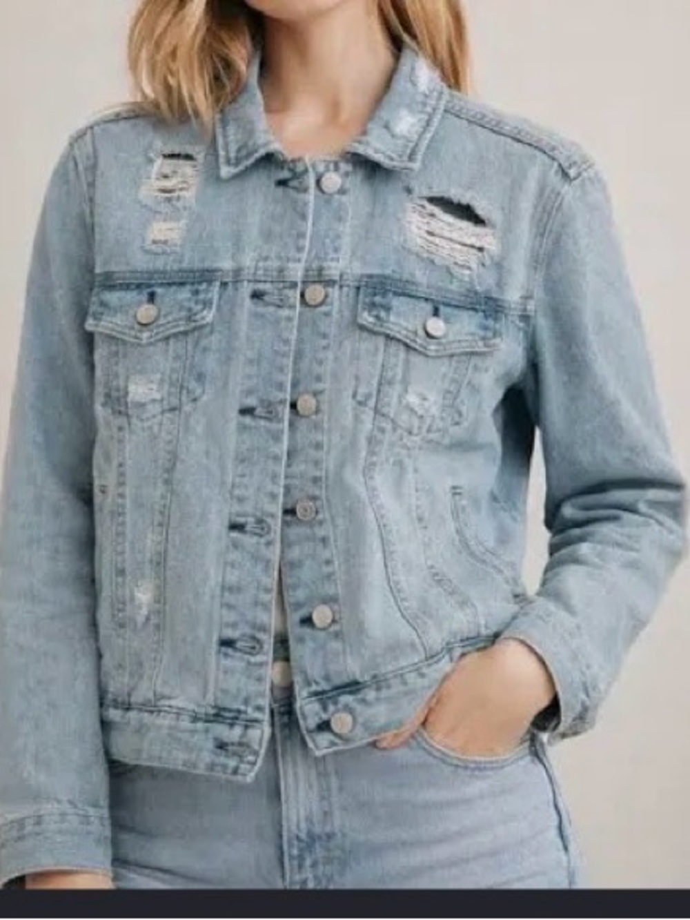Iris Basic Light Wash Distressed Denim Jacket in medium